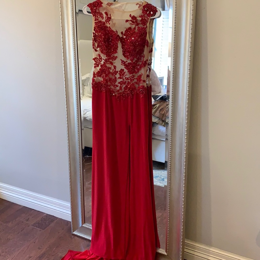 Jovani Red Beaded Bodice Gown